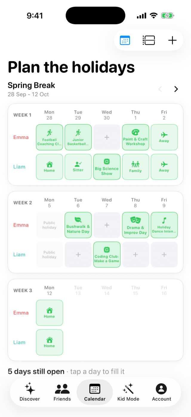 ParentPal app - Plan the holidays calendar